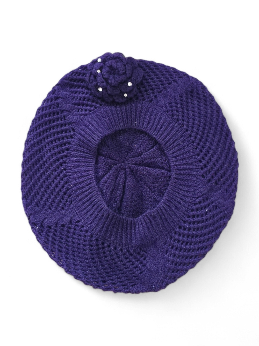 Knit Beret with Flower Accent - Deep Purple